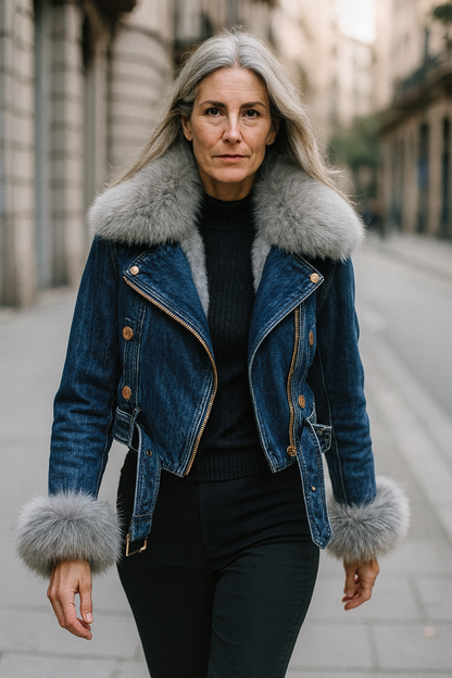 MAXIMA™ | CHAQUETA CORTA DE DENIM CON CUELLO DE PIEL SINTÉTICA