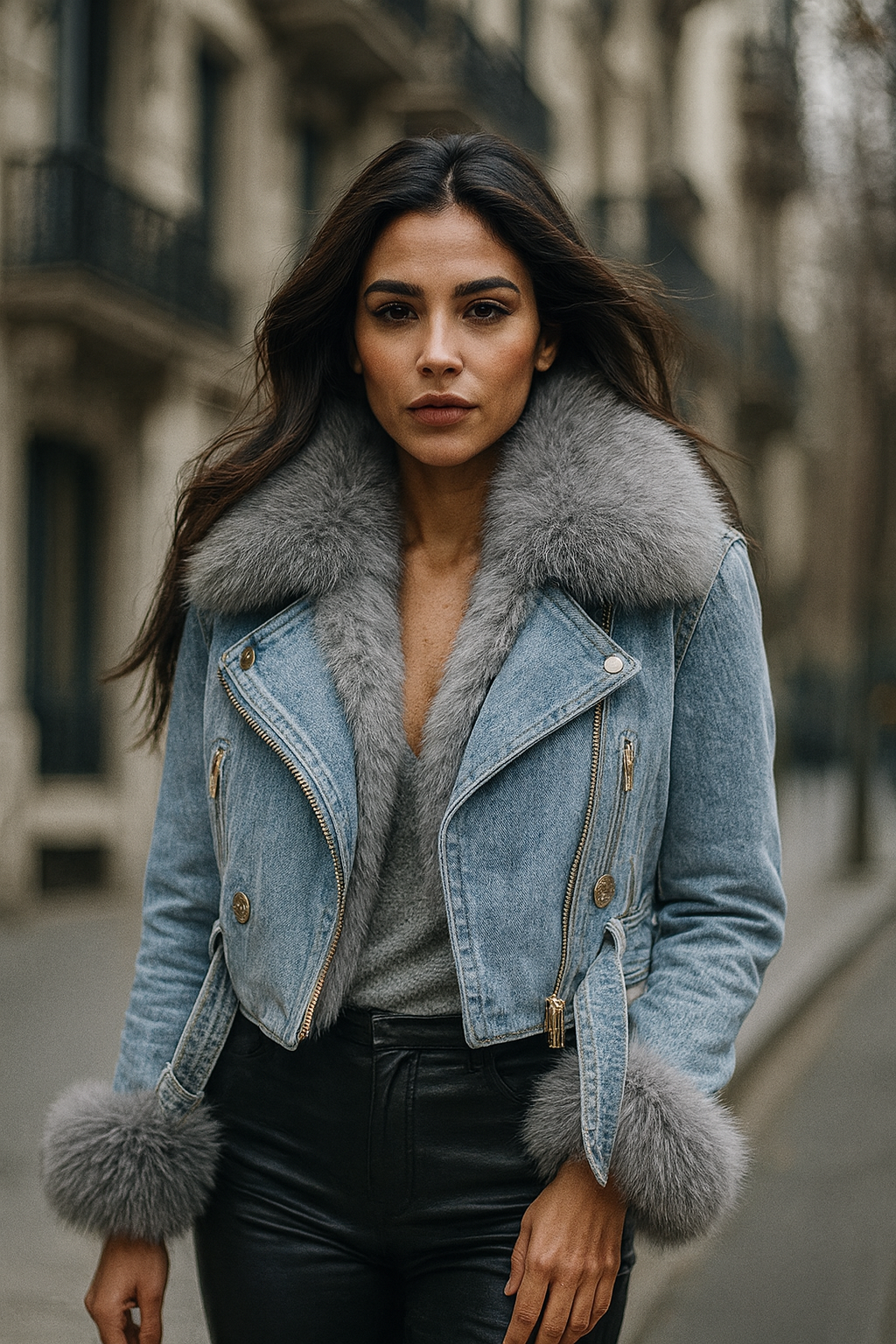 MAXIMA™ | CHAQUETA CORTA DE DENIM CON CUELLO DE PIEL SINTÉTICA
