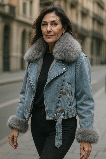 MAXIMA™ | CHAQUETA CORTA DE DENIM CON CUELLO DE PIEL SINTÉTICA