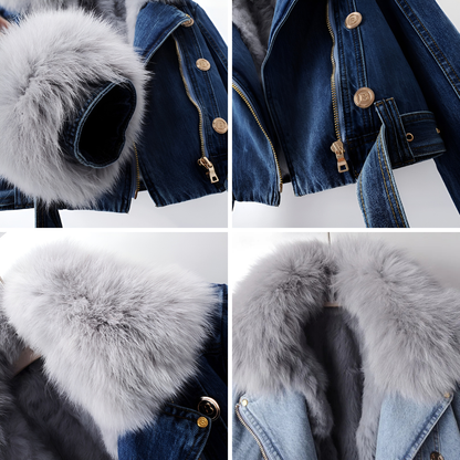 MAXIMA™ | CHAQUETA CORTA DE DENIM CON CUELLO DE PIEL SINTÉTICA